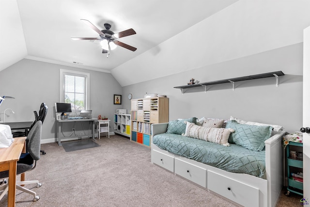 office area with ceiling fan, vaulted ceiling, carpet, and baseboards