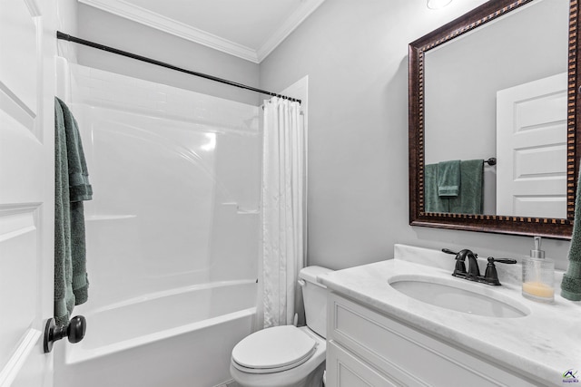 full bathroom featuring ornamental molding, vanity, shower / bath combination with curtain, and toilet
