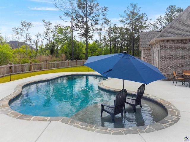 view of swimming pool featuring fence and a patio area