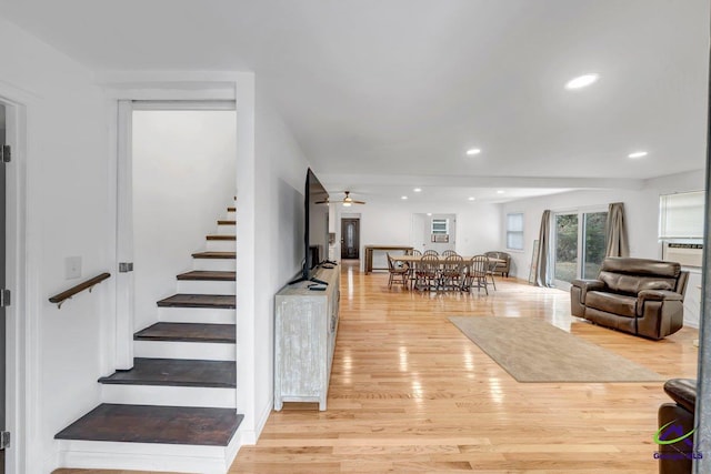 257 Macon Rd, Reynolds, GA 31076 - stairway with wood finished floors, ceiling fan, and recessed lighting