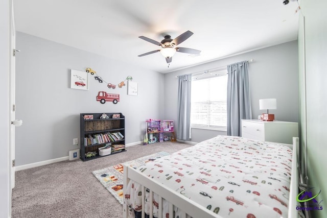 bedroom featuring carpet flooring, baseboards, and ceiling fan
