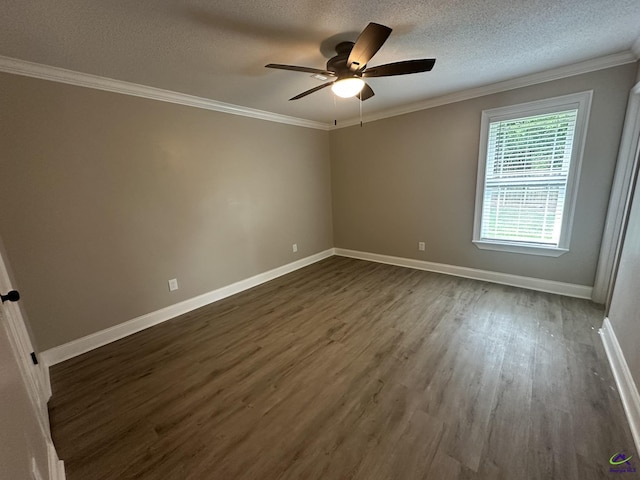 103 Ridley Ct, Warner Robins, GA 31088 - spare room with dark wood-style floors, a textured ceiling, baseboards, ceiling fan, and crown molding