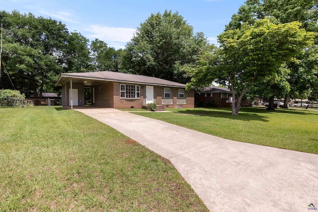 single story home featuring driveway, crawl space, an attached carport, and brick siding