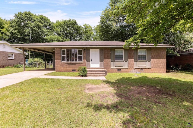 ranch-style house with crawl space, driveway, brick siding, and a front yard