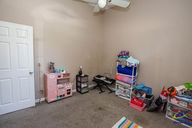 209 Ridgestone, Warner Robins, GA 31088 - recreation room featuring carpet, ceiling fan, and baseboards