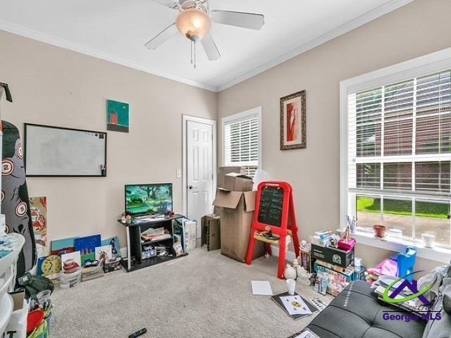 163 Broadleaf Dr, Macon, GA 31210 - playroom featuring carpet, ceiling fan, and ornamental molding
