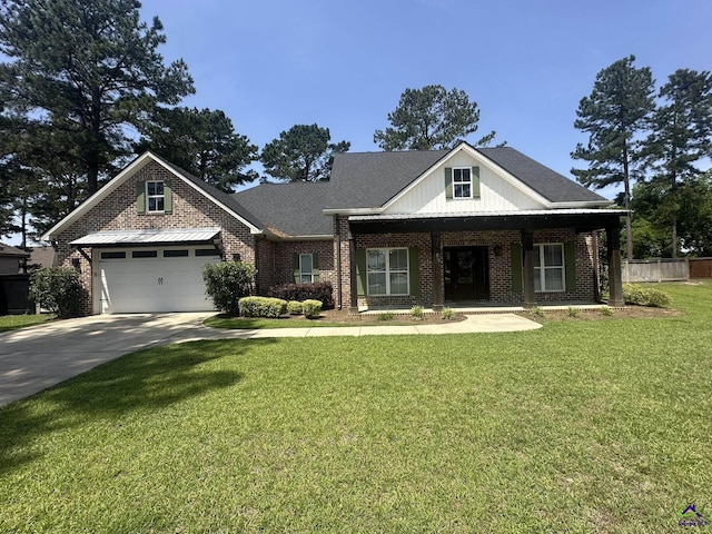 view of front of property featuring driveway, brick siding, and a porch