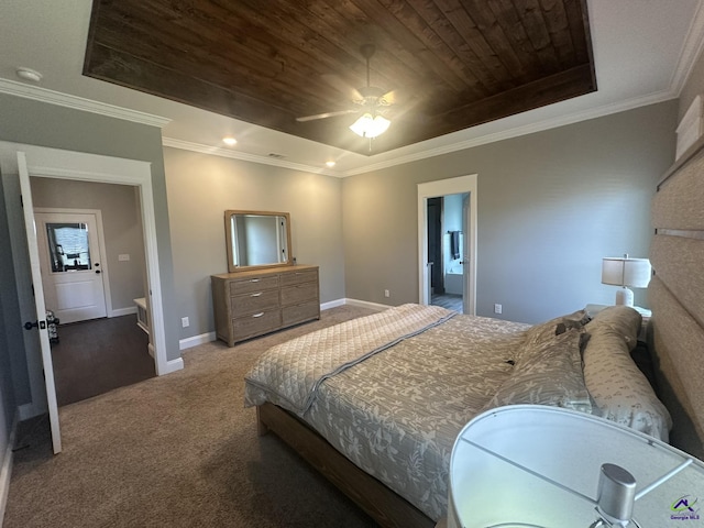 bedroom featuring wooden ceiling, carpet flooring, a raised ceiling, crown molding, and baseboards