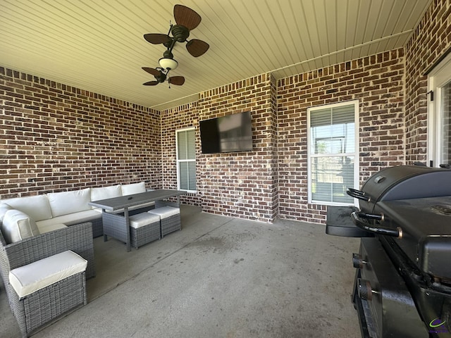 view of patio / terrace with outdoor lounge area, grilling area, and ceiling fan