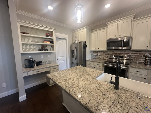 kitchen with stainless steel appliances, crown molding, backsplash, dark wood finished floors, and open shelves