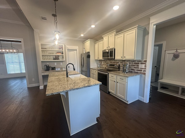 kitchen with appliances with stainless steel finishes, a sink, open shelves, ornamental molding, and dark wood-type flooring