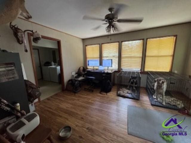 111 Mason Dr, Centerville, GA 31028 - living room with a desk, wood finished floors, and ceiling fan