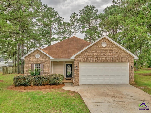 view of front of property with brick siding, an attached garage, concrete driveway, and a shingled roof