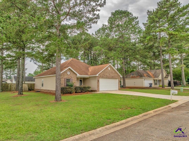 ranch-style home featuring brick siding, a garage, and concrete driveway
