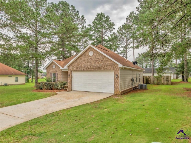 view of front of house featuring an attached garage, brick siding, central AC unit, a front yard, and driveway