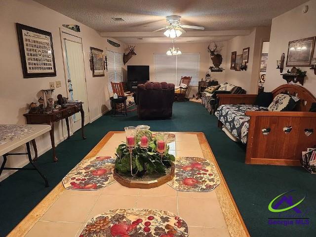 29 Riverview Dr, Hawkinsville, GA 31036 - living area featuring ceiling fan, a textured ceiling, and tile patterned floors