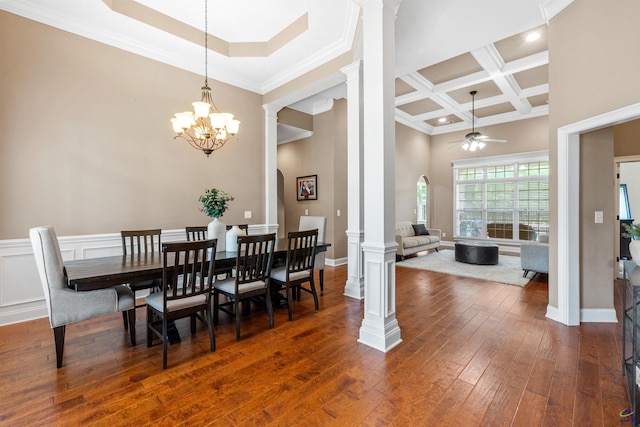 dining space featuring decorative columns, ceiling fan, coffered ceiling, ornamental molding, and dark wood-style floors