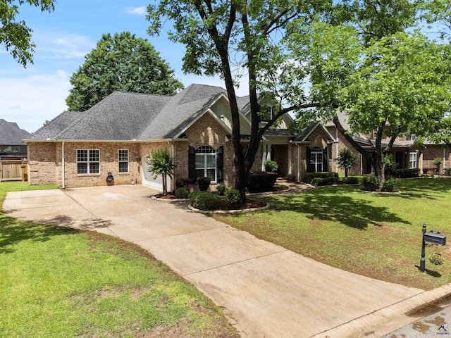 traditional home with brick siding, concrete driveway, and a garage