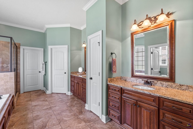 full bath with crown molding, vanity, tiled shower, a tub, and tile patterned flooring