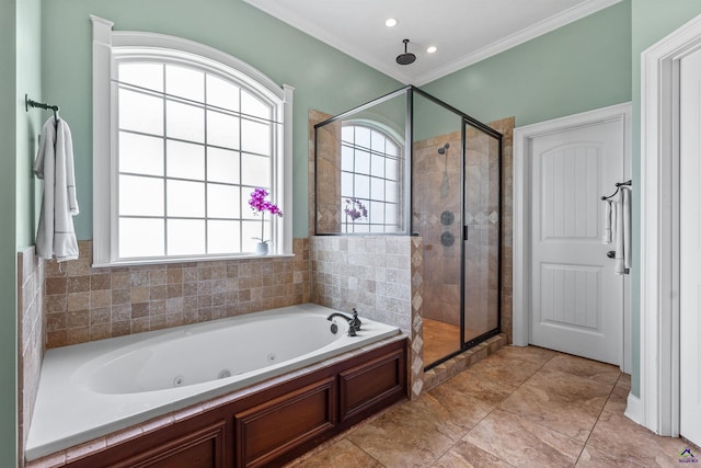 full bath with a stall shower, a jetted tub, and ornamental molding