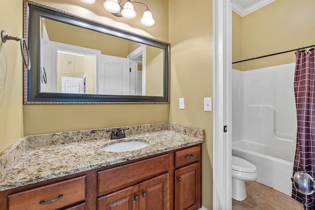bathroom with toilet, vanity, ornamental molding, shower / bath combination with curtain, and tile patterned floors