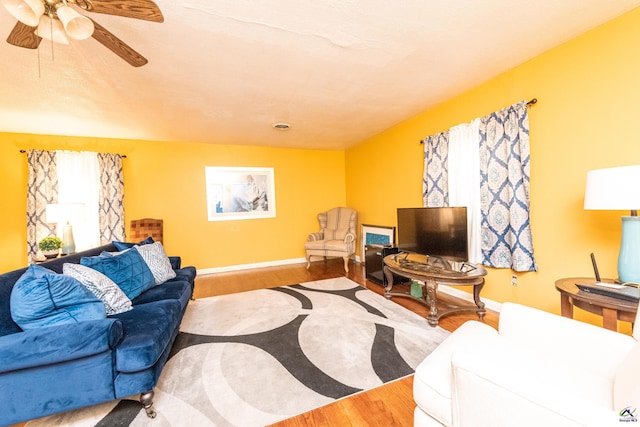 22 Waterford Way, Hawkinsville, GA 31036 - living area featuring wood finished floors, a ceiling fan, and baseboards
