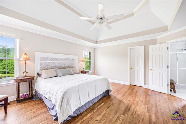 bedroom with a raised ceiling, multiple windows, light wood-type flooring, baseboards, and crown molding