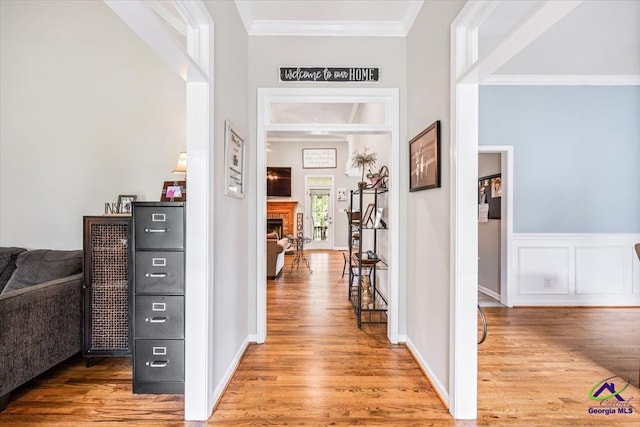 corridor featuring light wood-type flooring and ornamental molding