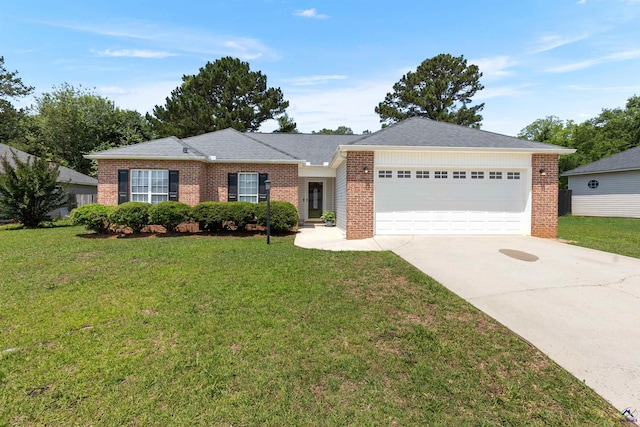 single story home with brick siding, a garage, concrete driveway, and a front yard