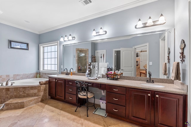 105 River Rock Ct, Perry, GA 31069 - full bathroom featuring a garden tub, double vanity, tiled shower, ornamental molding, and tile patterned floors