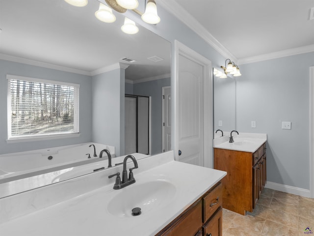 427 Oscar Ct, Mcdonough, GA 30252 - full bathroom featuring crown molding, two vanities, a garden tub, a stall shower, and baseboards