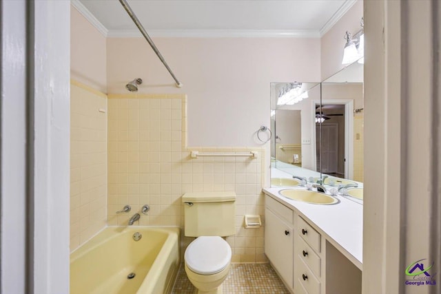 3015 Clairmont Ave, Macon, GA 31204 - full bathroom with ornamental molding, vanity, shower / bathtub combination, tile walls, and tile patterned flooring