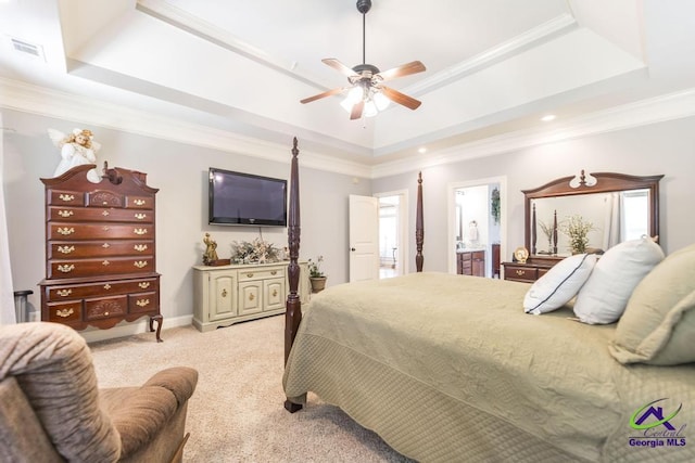 215 Wilson Creek Bnd, Bonaire, GA 31005 - bedroom with a tray ceiling, light carpet, crown molding, and multiple windows