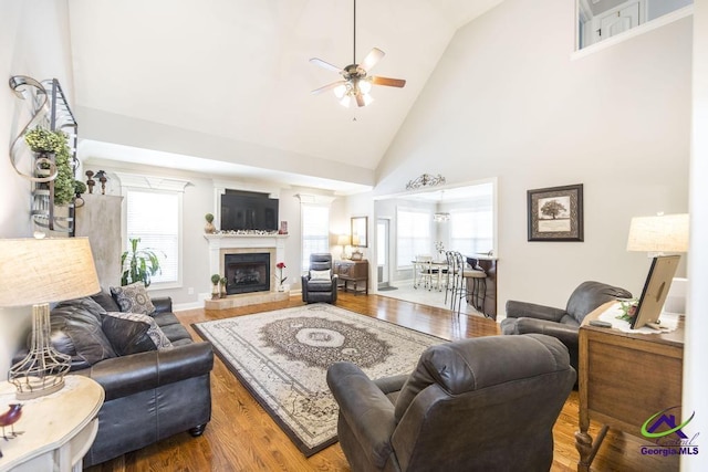 215 Wilson Creek Bnd, Bonaire, GA 31005 - living area with ceiling fan, high vaulted ceiling, wood finished floors, and a fireplace with raised hearth