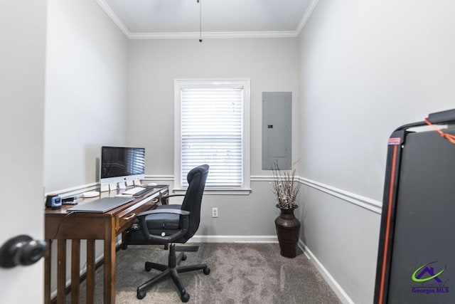 171 N Valhalla Dr, Cordele, GA 31015 - carpeted home office featuring electric panel, ornamental molding, and baseboards