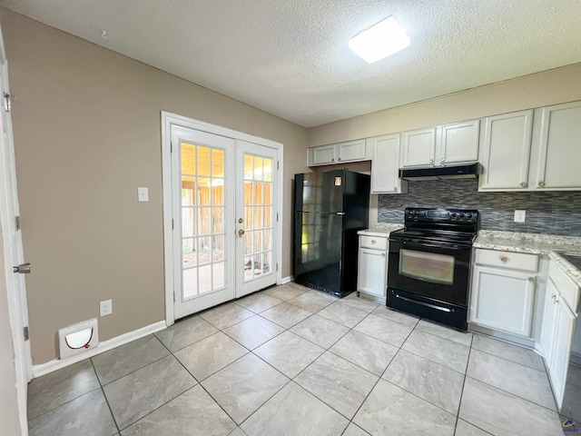 109 Stoneridge Dr, Warner Robins, GA 31088 - kitchen with black appliances, under cabinet range hood, french doors, backsplash, and a textured ceiling