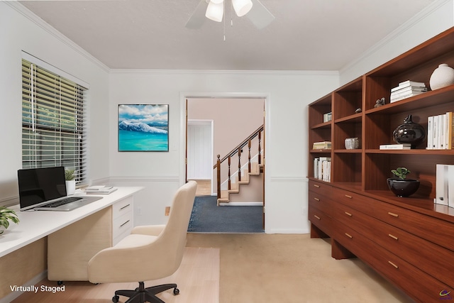 207 Oak Forest Ln, Warner Robins, GA 31088 - home office featuring ornamental molding, a ceiling fan, light carpet, and baseboards