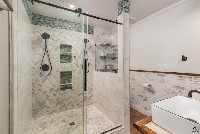 207 Oak Forest Ln, Warner Robins, GA 31088 - bathroom with wood finished floors and a shower stall