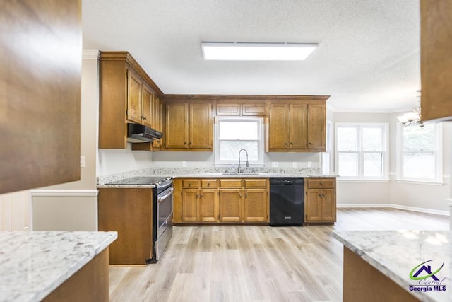 757 Silver Springs Drs, Macon, GA 31210 - kitchen with dishwasher, stainless steel electric range oven, under cabinet range hood, a sink, and brown cabinets