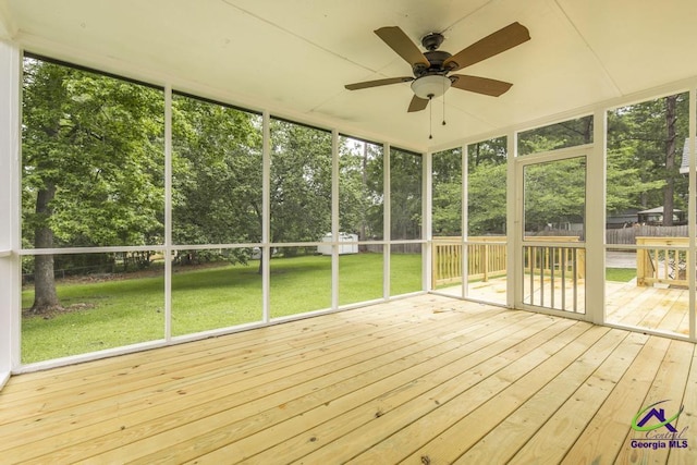 757 Silver Springs Drs, Macon, GA 31210 - unfurnished sunroom featuring a ceiling fan and view of wooded area