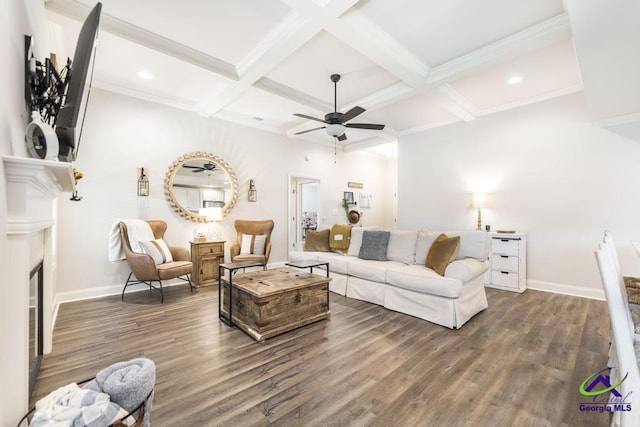 601 Hunts Landing Dr, Kathleen, GA 31047 - living area featuring a fireplace, ceiling fan, dark wood-style floors, beamed ceiling, and coffered ceiling