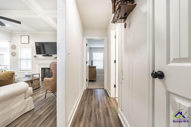 601 Hunts Landing Dr, Kathleen, GA 31047 - hall with dark wood-type flooring, beamed ceiling, baseboards, crown molding, and coffered ceiling