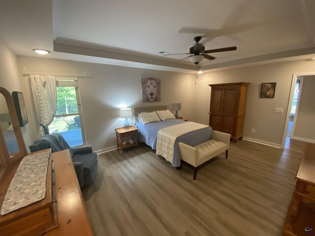 51 Cole Dr, Hawkinsville, GA 31036 - bedroom featuring a tray ceiling, baseboards, dark wood-style floors, and access to outside