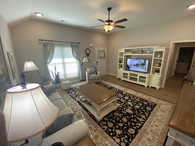 51 Cole Dr, Hawkinsville, GA 31036 - living room with ceiling fan, wood finished floors, lofted ceiling, and baseboards