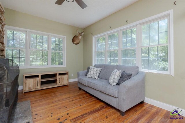 283 Limestone Rd, Cochran, GA 31014 - living room with wood-type flooring, a ceiling fan, and baseboards