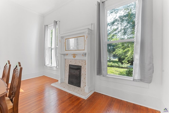 110 Minor Ave, Montezuma, GA 31063 - unfurnished living room featuring crown molding, healthy amount of natural light, a premium fireplace, hardwood / wood-style floors, and baseboards