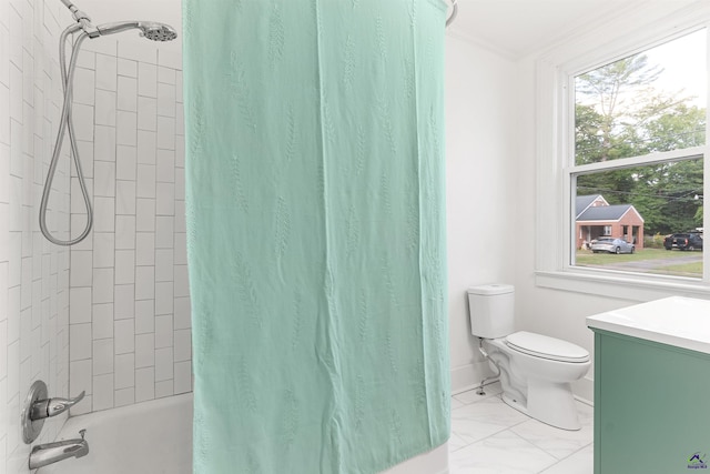 110 Minor Ave, Montezuma, GA 31063 - bathroom featuring toilet, crown molding, shower / tub combo with curtain, vanity, and marble finish floors