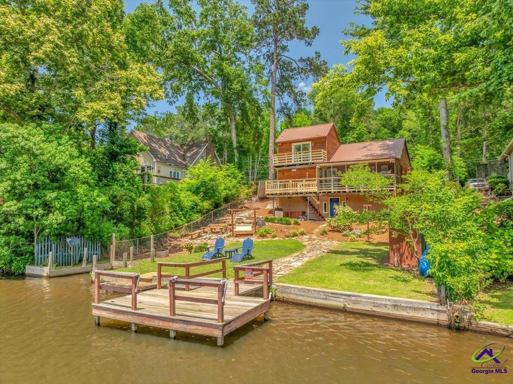 815 Will Scarlet Way, Macon, GA 31220 - dock featuring stairs, a deck with water view, and view of scattered trees