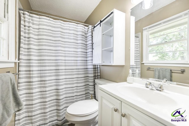 108 Marcia Ct, Warner Robins, GA 31088 - bathroom featuring toilet, vanity, a textured ceiling, and a shower with curtain