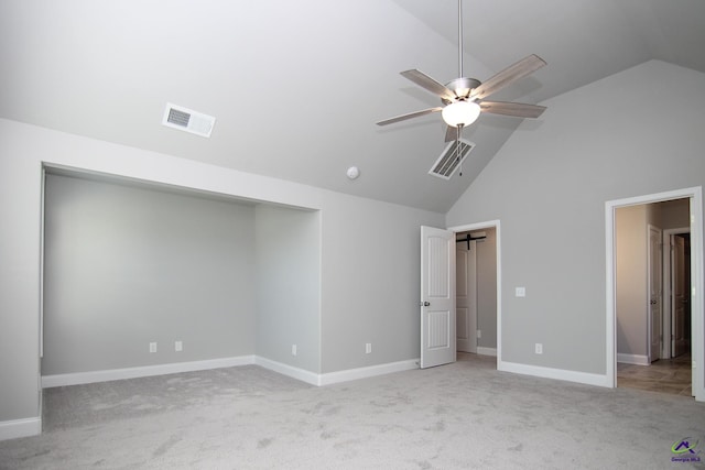 606 Samantha Brooke Way, Bonaire, GA 31005 - unfurnished bedroom featuring light colored carpet, high vaulted ceiling, baseboards, and a ceiling fan